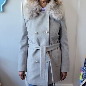 Karl Lagerfeld Light Gray Fur-Trimmed Pea Coat